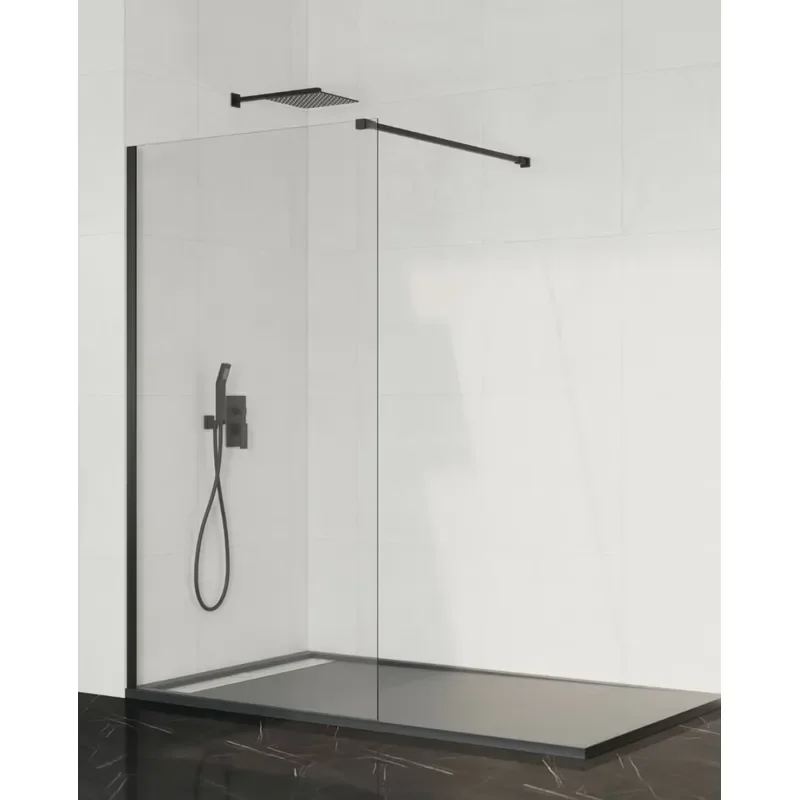 Black Frameless Walk In Shower Door With Support Bar Wall Mounted Glass Enclosure For Bathroom Modern Design Easy