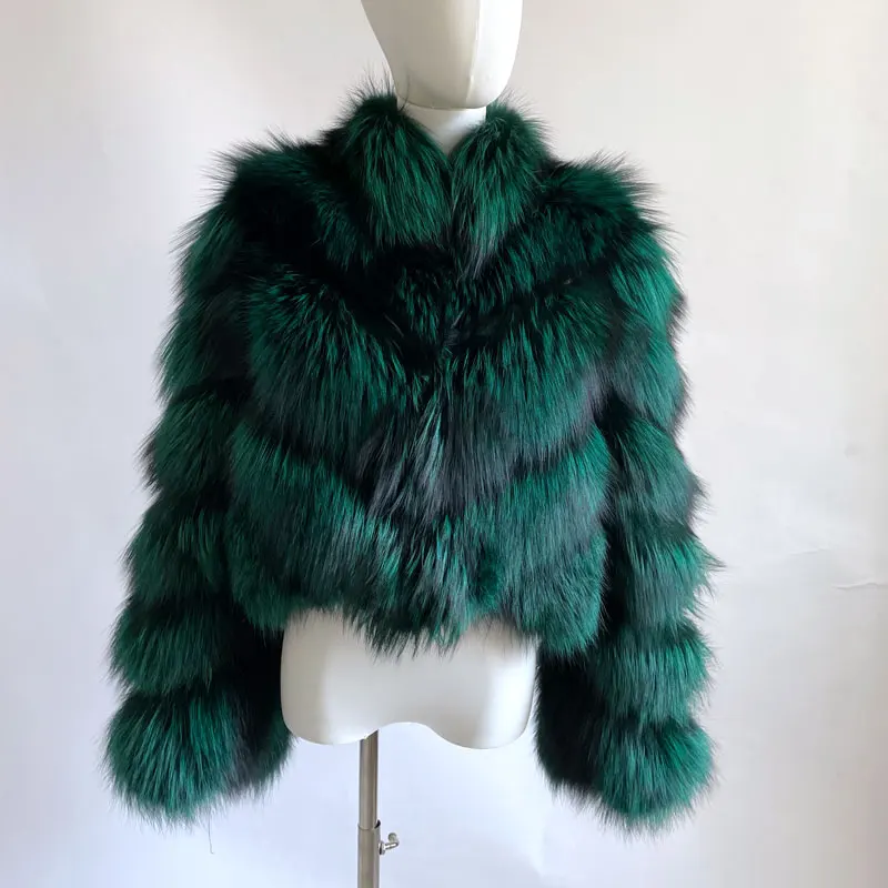 Factory Outlet cappotto di pelliccia Crop di lusso da donna manica lunga colletto in piedi Fluffy Winter Warm Ladies giacca di pelliccia di volpe argento reale