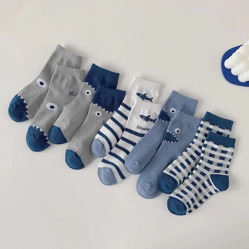 5‑Pack Boys Cartoon Shark Print Children Socks  Soft Cotton Stripe Plaid Mid Calf Breathable Kids Socks