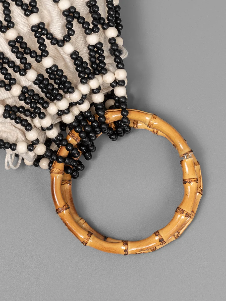 Bolso de mano tejido para mujer, bolso con cuentas de madera hueca, bolso de hombro tipo Bombonera, bolso de playa con red reticulada para mujer