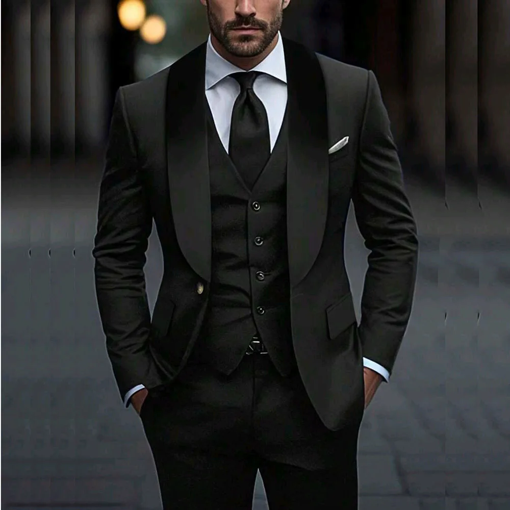 Elegant Black MEn's 3 Piece Suits Luxury One Button Shawl Lapel Slim Fit Blazer High Quality Wedding Jacket Pants Vest Full Sets