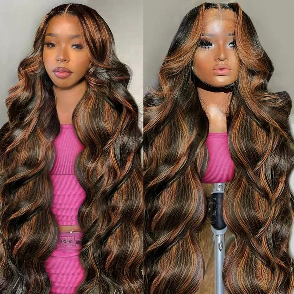 FB/30 Highlight Colored 13X4 13x6 HD Transparent Full Lace Frontal Wigs 200 Density Body Wave Human Hair Wigs For Women  46 Inch