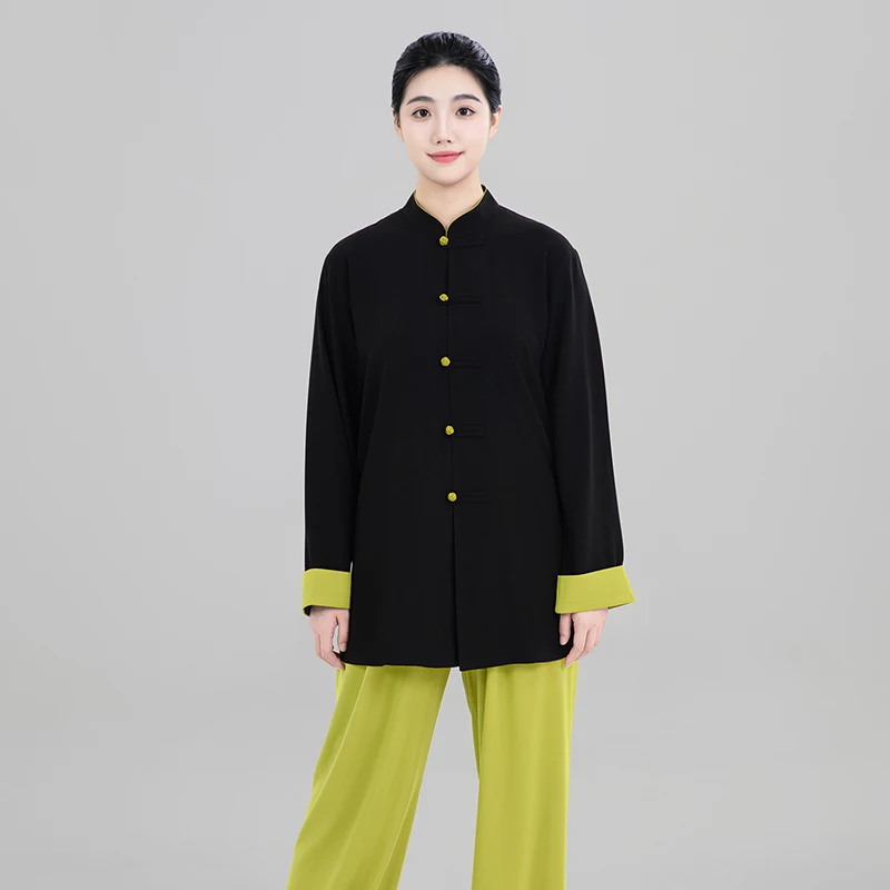 Women's Autumn Tai Chi Suit, Youthful Zen-Inspired Stretch Cotton Baduanjin Practice Wear with Pearl Accents