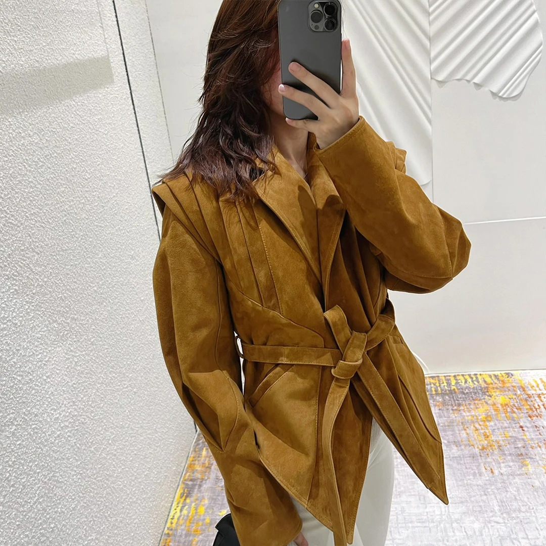 NIGO Women\'s Autumn And Winter Solid Color Vintage Suede Long Sleeve Lace-Up Jacket Ngvp #nigo9184