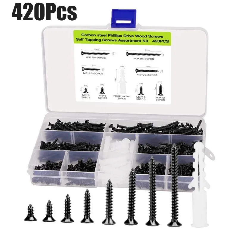 420Pcs Self-Tapping Screws with Anchors Set Flat Head Countersunk Head Carbon Steel Wood Screws Assortment Kit for Woodworking