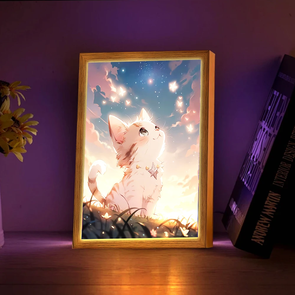 Cute Cat Starry Night Light Painting Picture Frame Led Lights Usb Plug Dimmable Table Lamp For  Kids' Bedroom Home Decor