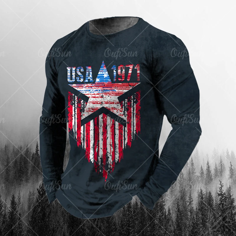 

Men's Retro European Clothes Long Sleeve T-Shirt Spring Flag 3d Printing Fashion Soft Pullover Oversized Black T-Shirt