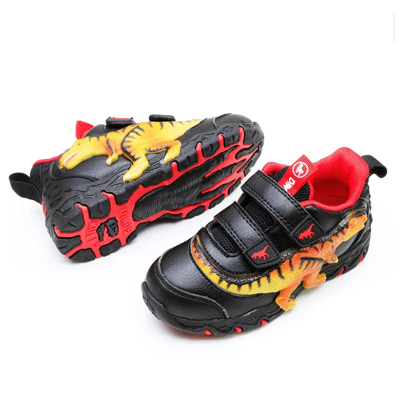 EXDINO Children Dinosaur LED Glowing Sneakers Boys Leather T-Rex Little Kids Light Up Flashing Casual Outdoor Shoes Ins Fashion