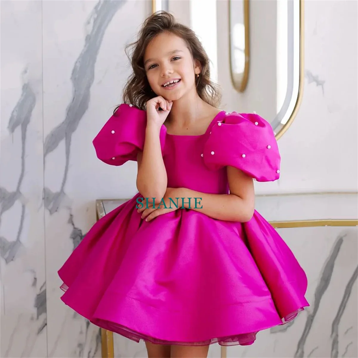 Dark Pink Flower Girl Dress Princess Sleeve Square Neck Pearls Ball Gown Little Party Dresses First Communion