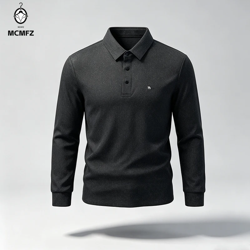 Mens Turn Collar Polo Long Sleeve Tops Premium Heather Material Button Closure Small Logo Decoration Male Clothing
