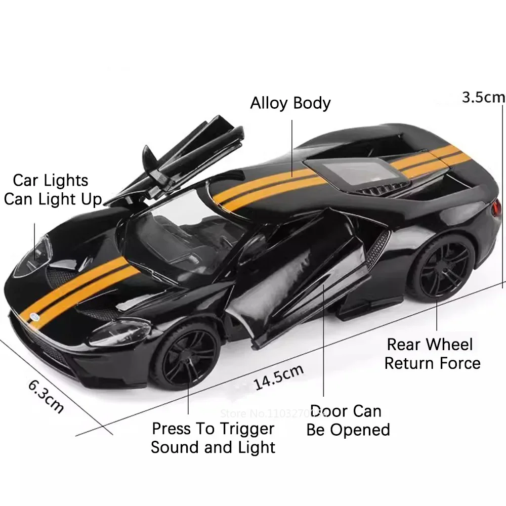 1:32 2017 FORD GT Toys Cars Model Alloy Diecast Vehices Doors Opened Sound Light Pull Back Rubber Tire Collection Kids Toy Gifts