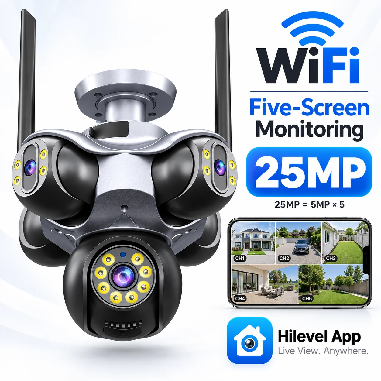 25MP 15K  5 Lens 5 Screens Wifi Panoramic Security Camera Outdoor  Auto Tracking Wireless PTZ CCTV Video Surveillance Camera