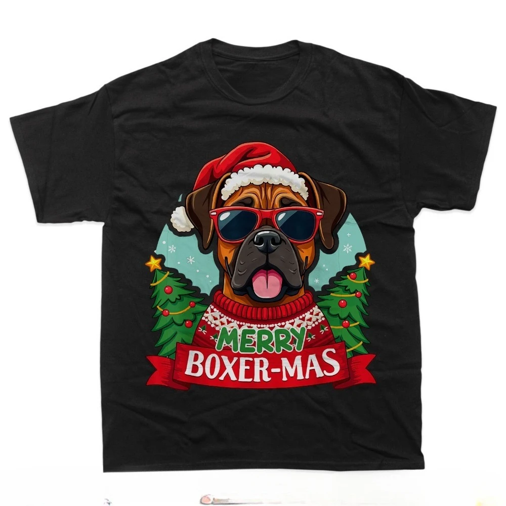 

Merry Boxer-mas Cute Boxer Dog Christmas T-Shirt Streetwear Printed T-shirt Top O-neck Short-sleeve Tees Streetwear