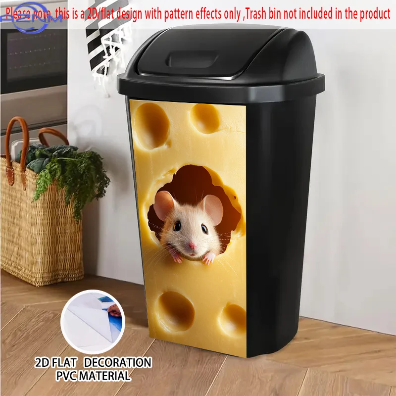 1pc Self-Adhesive Dustbin Sticker - Cute Mouse Peeking Through Cheese Hole Design, .01x cm PVC Flat 2D Art Deco Decorative Sti