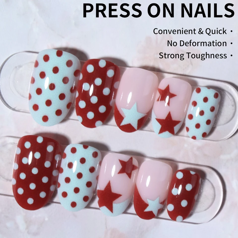 24 piezas uñas postizas ovaladas con estrellas y lunares, material acrílico, incluye 1 gel y 1 lima 5