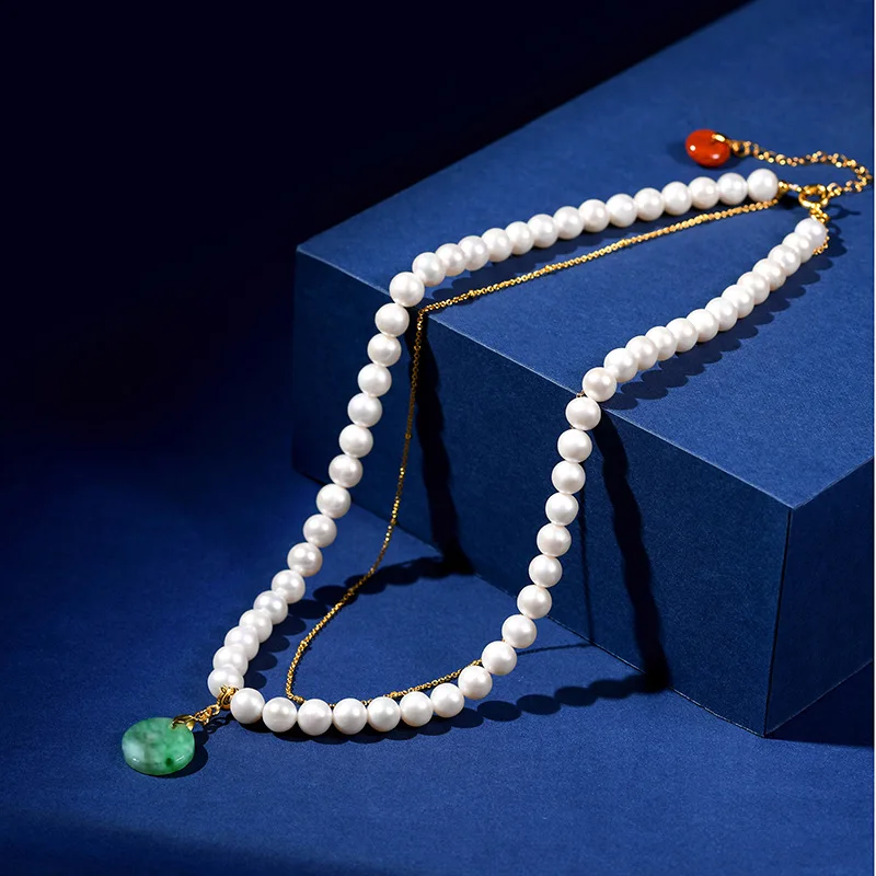 High-End Feel Natural Freshwater Nearly Round Pearl Double-Circle Necklace Pendant Accessory DIY Chain