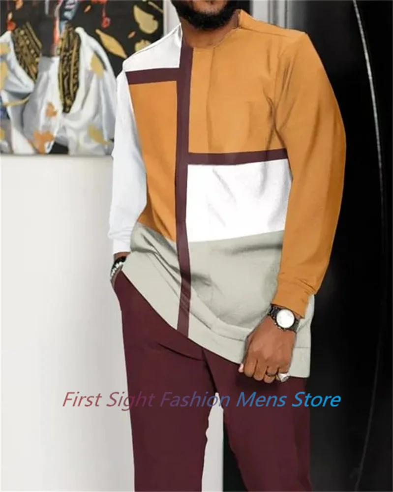 Striped Patchwork Long Sleeve Set Men Clothes Autumn Outfit Oversized Men's T-Shirt Trousers 2-piece Fashion Street Tracksuit