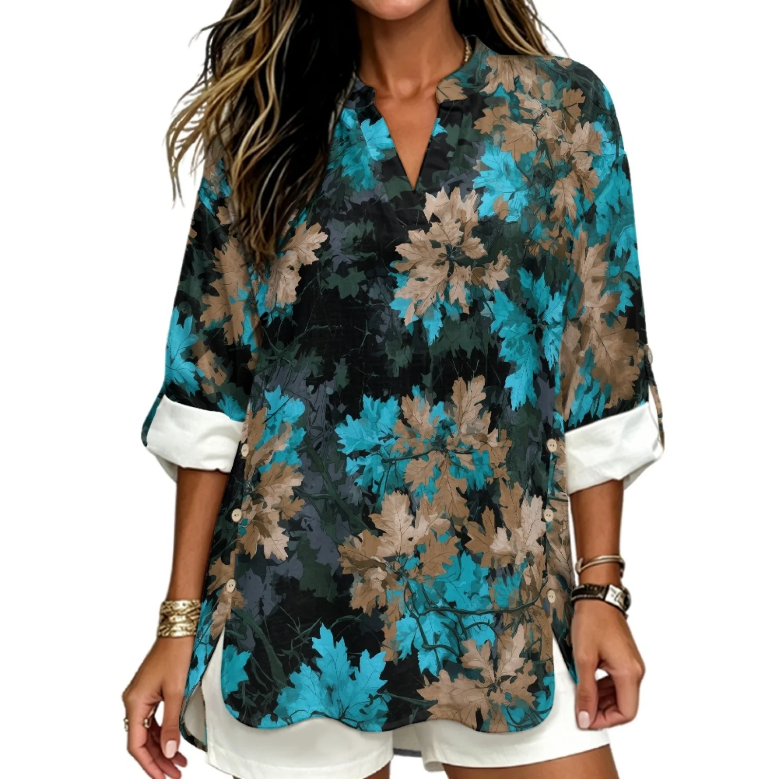PENSTROLL Maple Leaf Print Cozy Blouse for Women Linen Like Women's V Neck Tops Casual Blouses