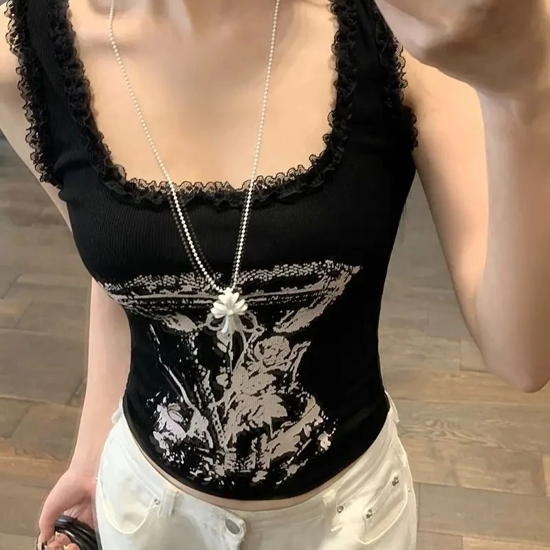 

Y2k Gothic 2025 Lace Summer Suit 2 Piece 90s Hot Girl Slim Sling New top Women's Camisole Sexy Female Punk Shorts Grunge sayh2d