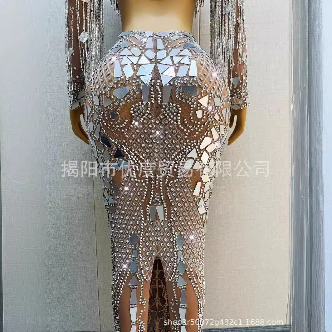 سلسلة خرز طويلة عدسة كريستال مشرق أحجار الراين اثنين فساتين أنيقة كوكتيل حفلة ليلة الأداء الملابس فستان الماس العنبر