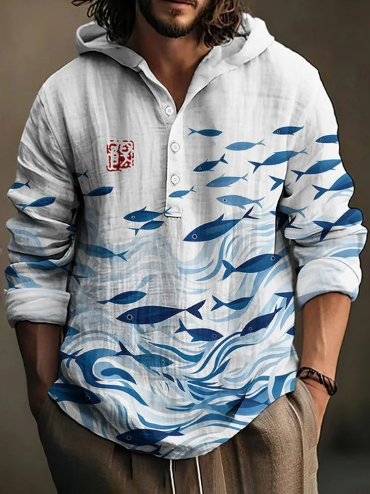 

Men's Hooded Henley Shirt with Blue School of Fish Printed Boho Summer Blouses Oversized Lightweight Breathable Holiday Tops
