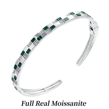 100% Full 1mm Moissanite Cuff Bracelet for Women 925 Sterling Silver Luxury Femme Malachite Bracelet Birthday Party Gifts Jewelry