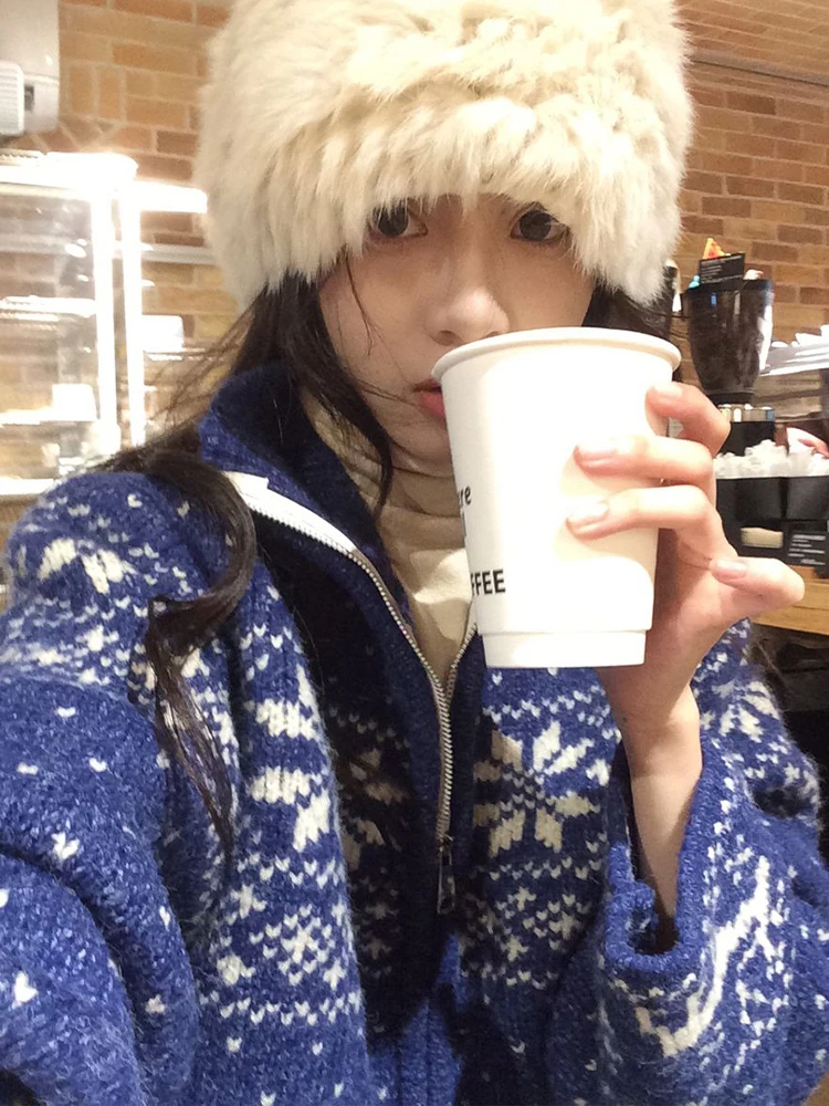 Śnieżynka sweter z dzianiny kobiety japoński Vintage Harajuku krótki kardigan kobiety jesień zima na co dzień dzianina z zamkiem błyskawicznym i