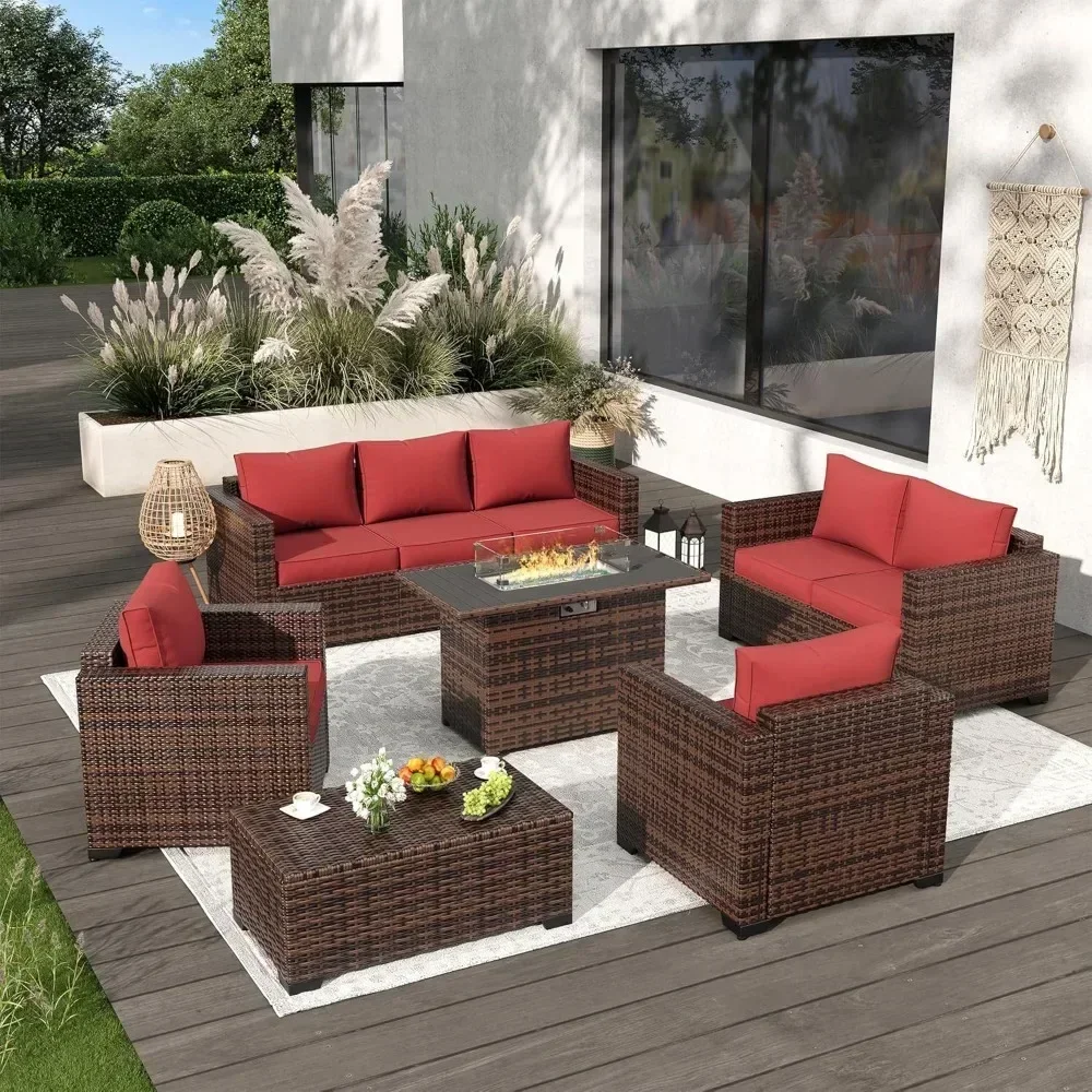 9-piece set of terrace furniture with 44 inch metal top fire pit table, outdoor willow terrace sofa, and storage table