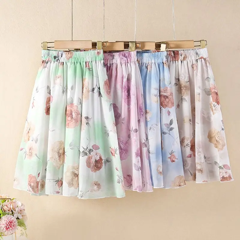 Vintage Korean Style Chiffon A Line Umbrella Skirt Summer  Over Knee Midi Dress with Princess Hem Loose Flowy Design for Women​
