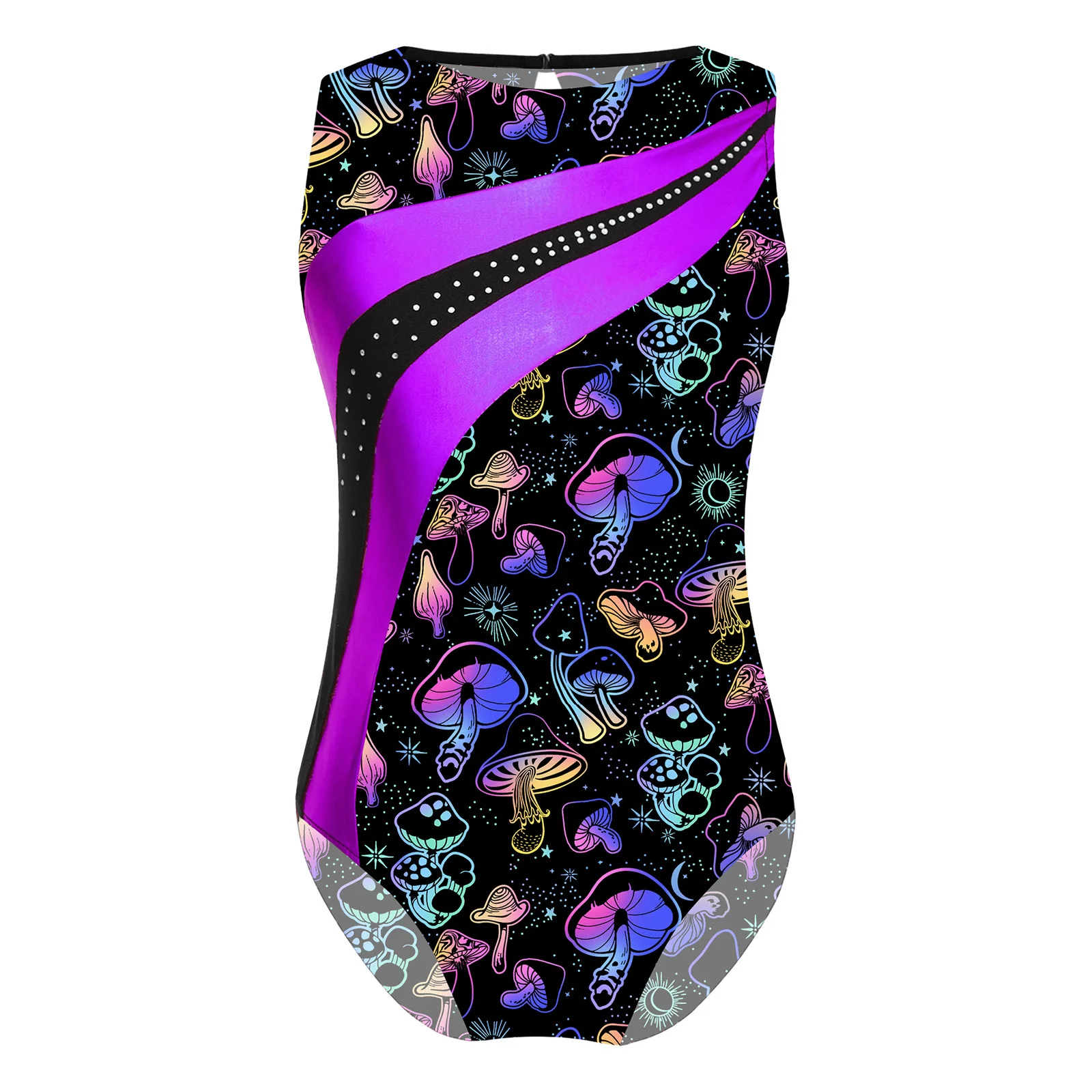 Kids Girls Sport Dance Leotard Sleeveless Keyhole Back Print Patchwork Athletic Bodysuit Teens Yoga Skating Gymnastics Jumpsuit