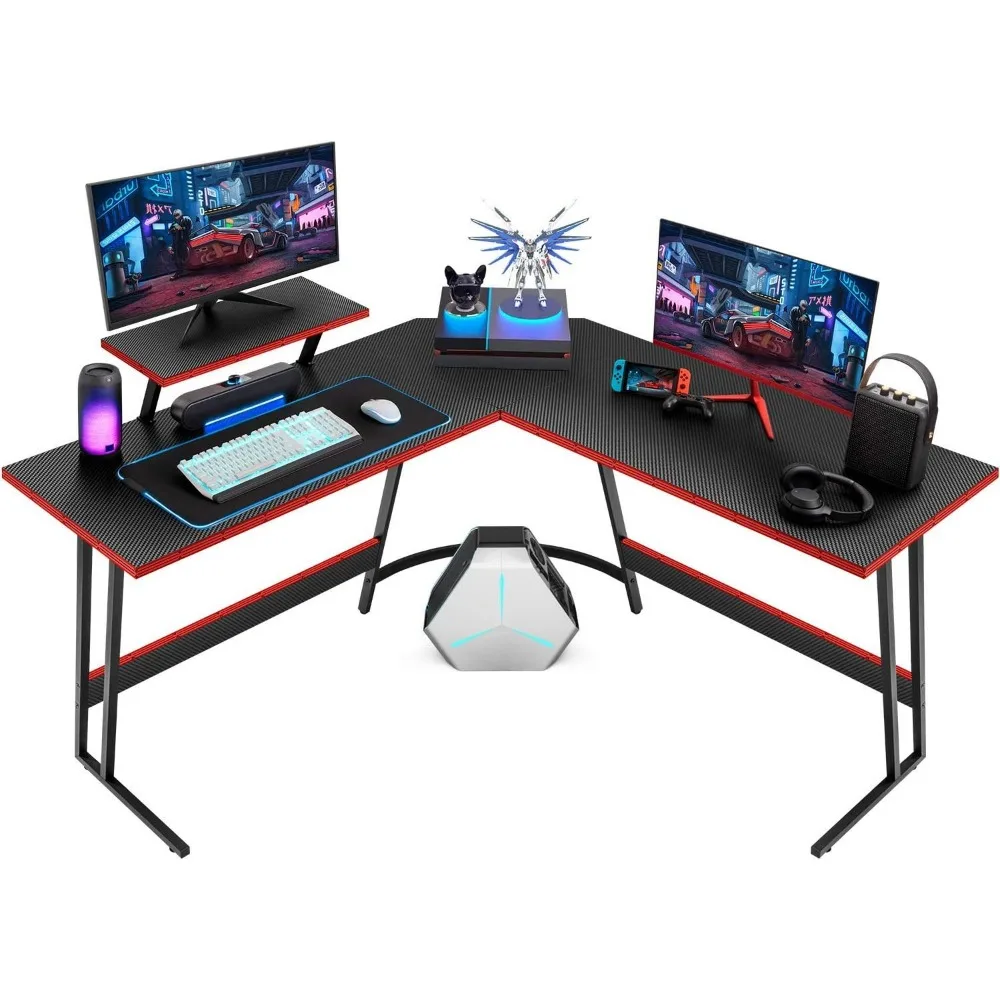 

Shaped Gaming Desk Computer Corner Desk PC Gaming Desk Table with Monitor Riser Stand for Home Office Sturdy Writing Workstation