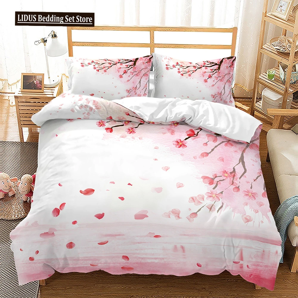 Romantic Flower Duvet Cover Set King Queen Pink Cherry Blossoms For Teens Girl Women Spring Lovely Garden Polyester Bedding Set