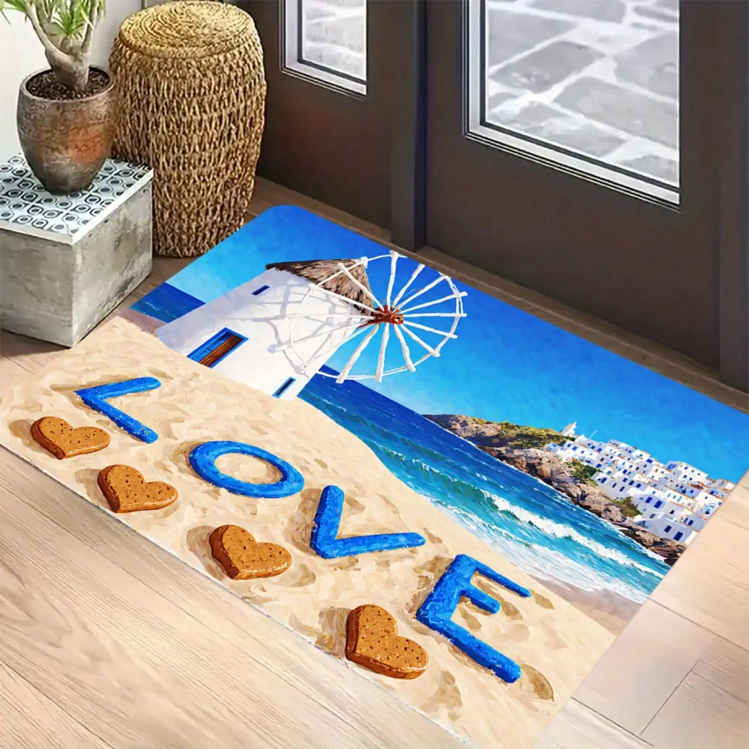 1pc Bath Mat Love Windmill By The Sea Flannel Aisle Carpet, Non-Slip Floor Mat Are Suitable For Multi-Functional Spaces Such As Doorways, Bathrooms, And
