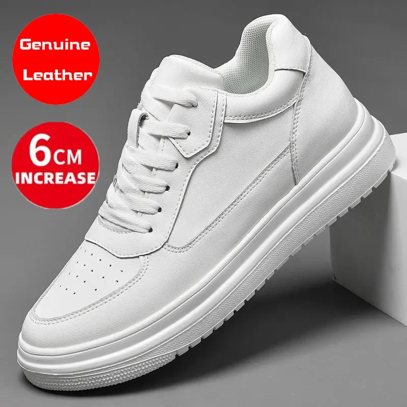 Palmilhas de couro genuíno para homens e mulheres, tênis brancos, elevadores ajustáveis, salto, sapatos de luxo, na moda, plus size, 36-44, 6cm