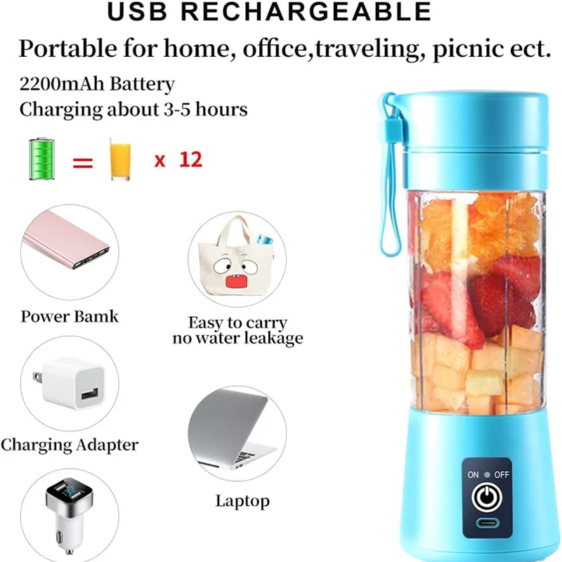 380ml ポータブル電動ジューサー フルーツスムージーブレンダー USB充電式ミニジューサーブレンダー 旅行やフィットネスに最適