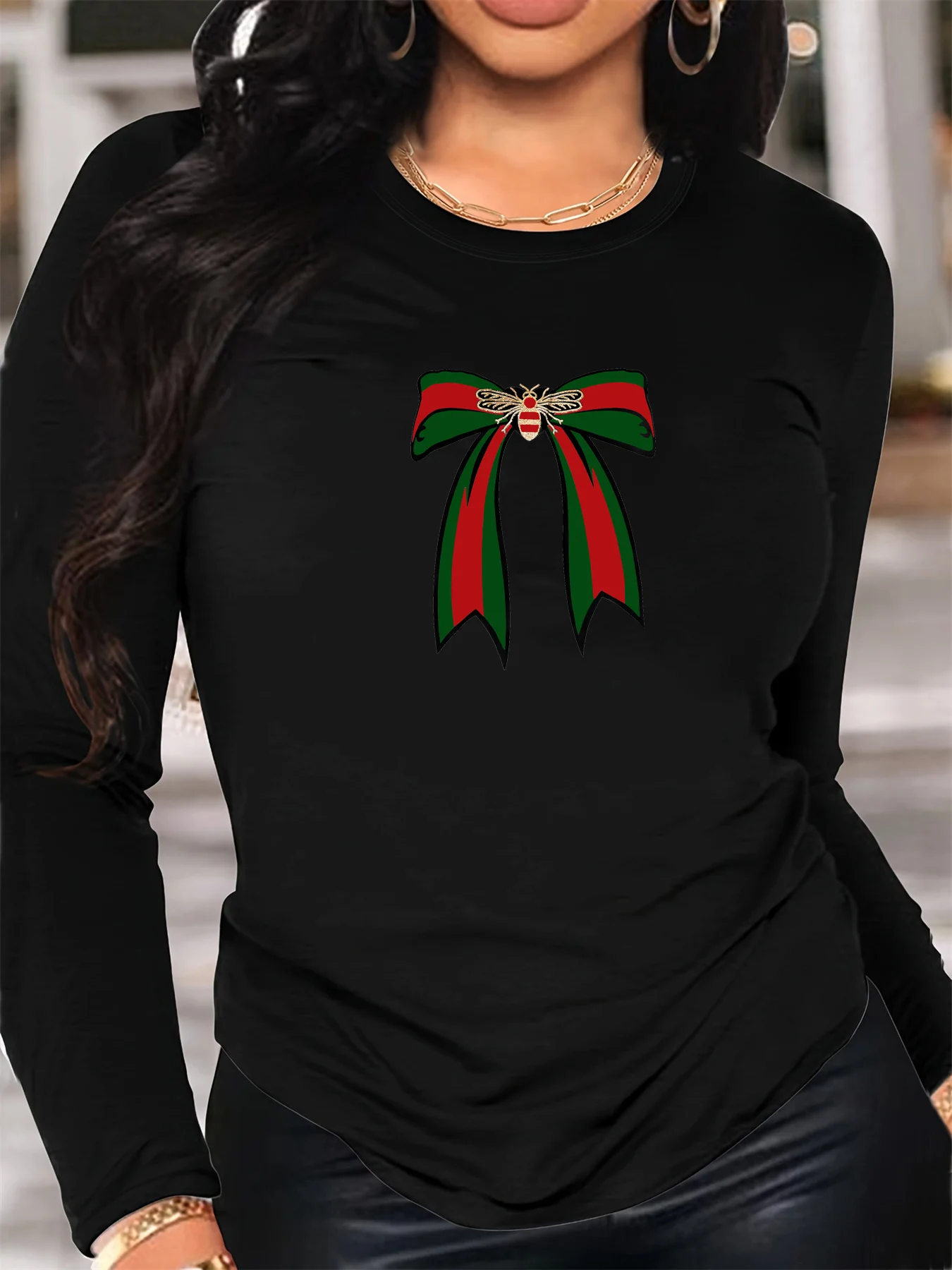 

Женская свободная повседневная футболка из 100% чистого хлопка с длинными рукавами и круглым вырезом с принтом пчелы и бантом на весну и осень