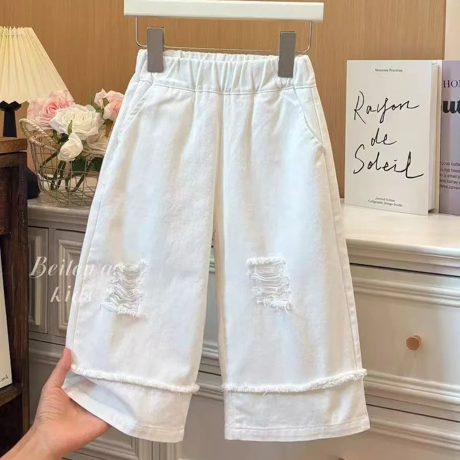 

Spring and Autumn Girls' White Punched Casual Pants Korean Edition Casual Fashion Children's Loose Wide Leg Pants