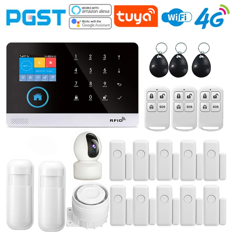 Home safety alarm system,4G,433MHz wireless anti-theft alarm kit, WiFi,GSM,Tuya,with Alexa,Google application,IP camera,sensor