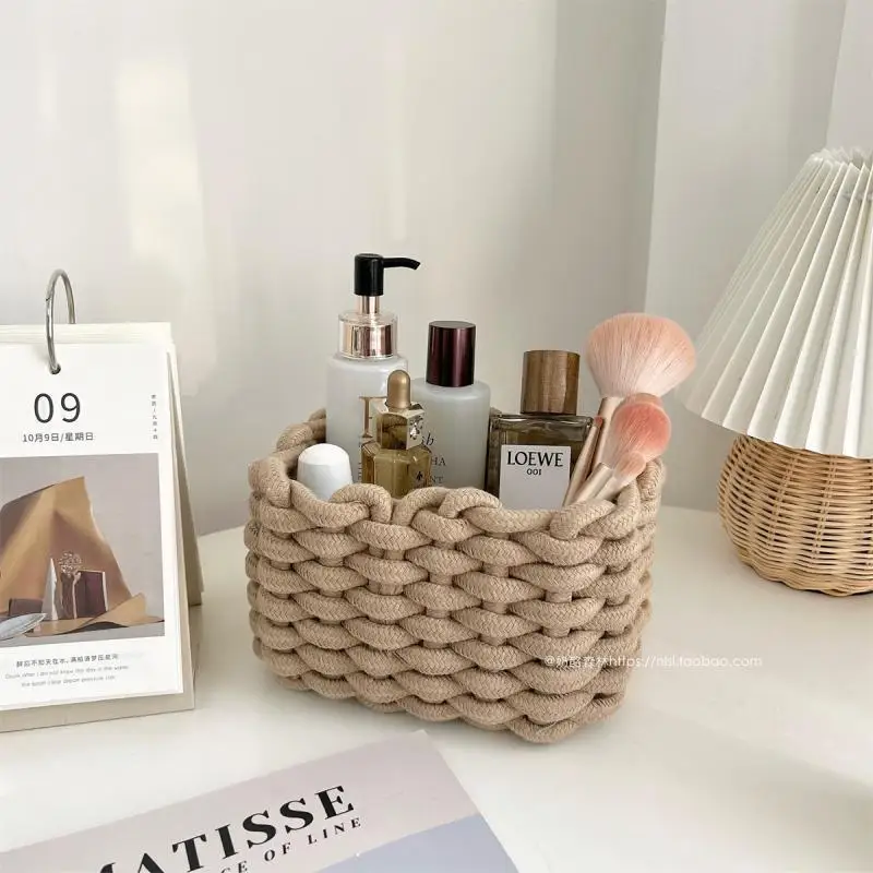 

Cotton Rope Woven Storage Basket Handmade Organizer Basket for Home Decor Picnic Makeup Brush Desktop Sundries Organizer