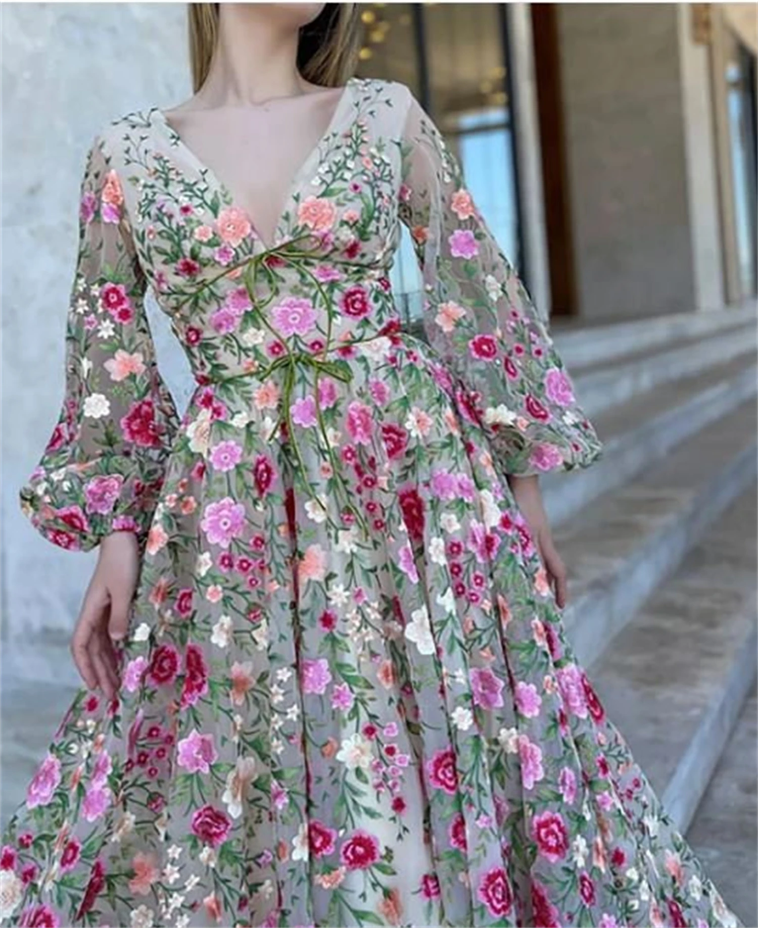 Aileen V-neck Embroidery Custom Made Puffy Sleeves 3D Flowers Elegant Party Dresses 2024 for Wedding Women Evening Dress Long