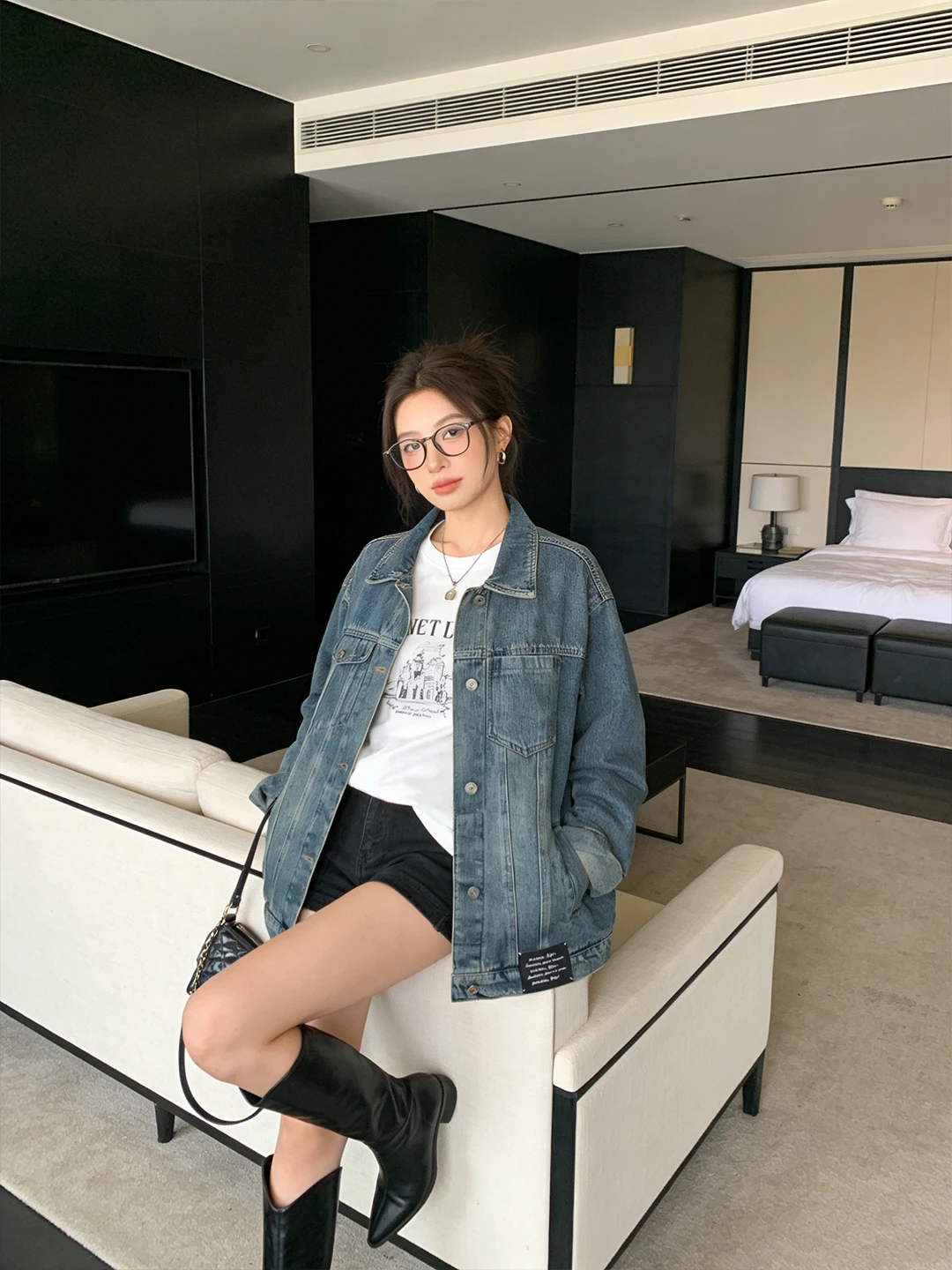 

Slimming High Quali Korean Sle Loose oulder Jeans Jaet Women's Casual Long Sve Collar Waed Denim Top