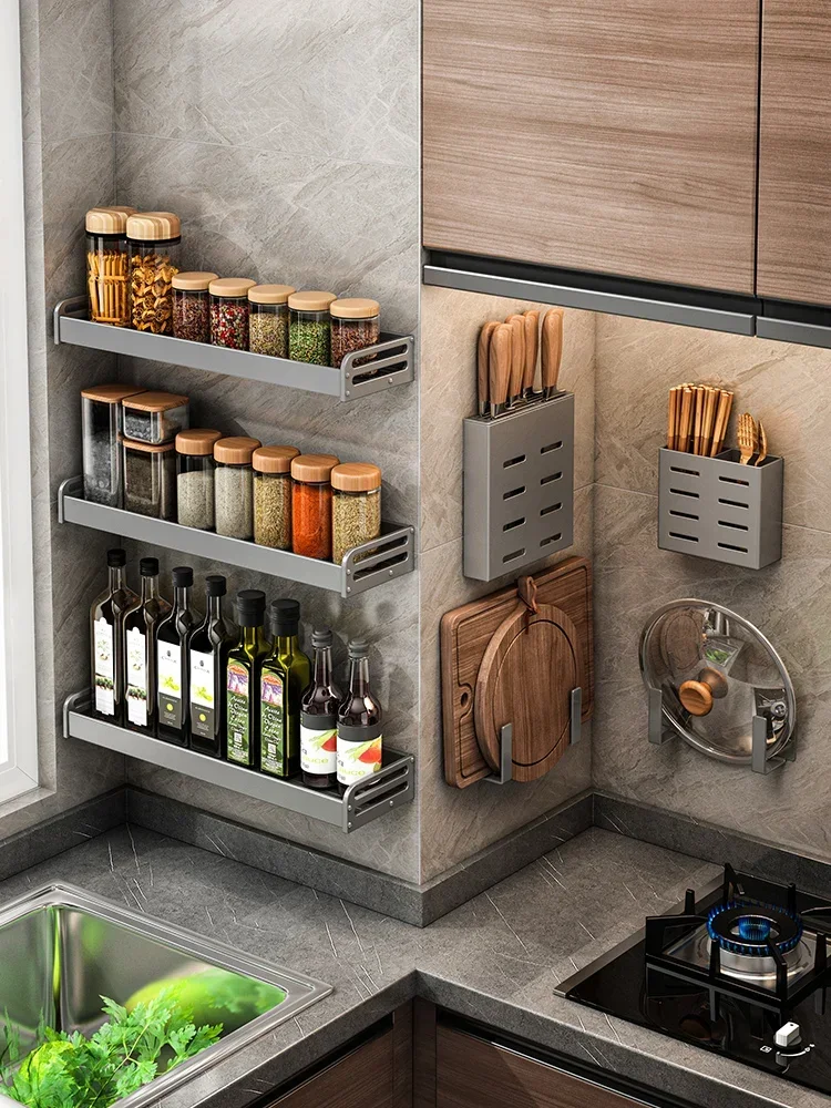 Gray Kitchen Rack Wall-Mounted Punch-Free Multi-Function Chopsticks Knife Holder Seasoning Storage Rack