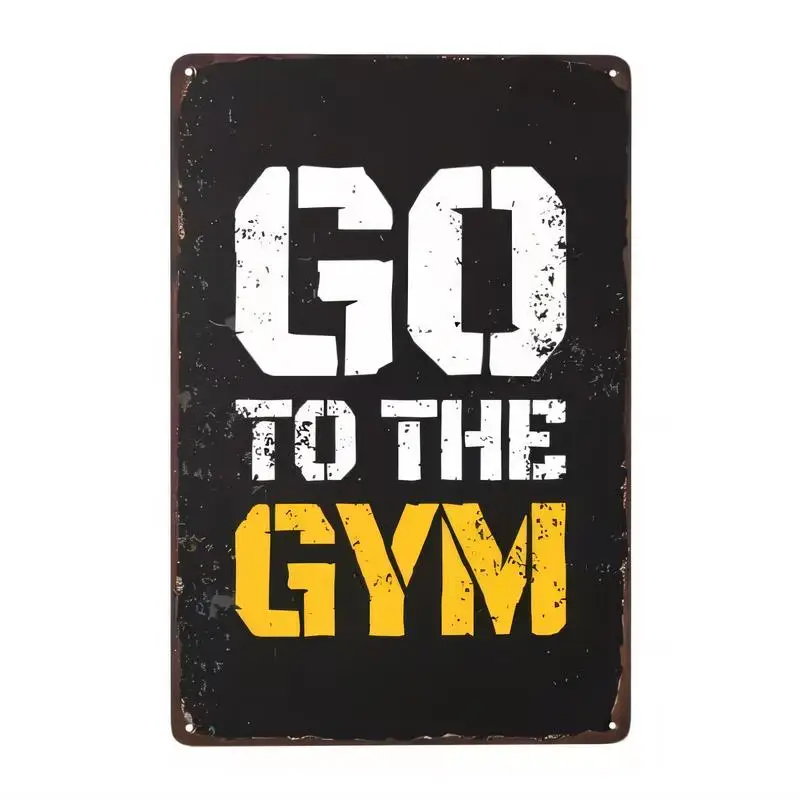 Vintage Distressed GO TO THE GYM Metal Tin Sign - Bold White/Yellow Typography on Black, Retro Wall Art for Gym, Home Gym, Offic