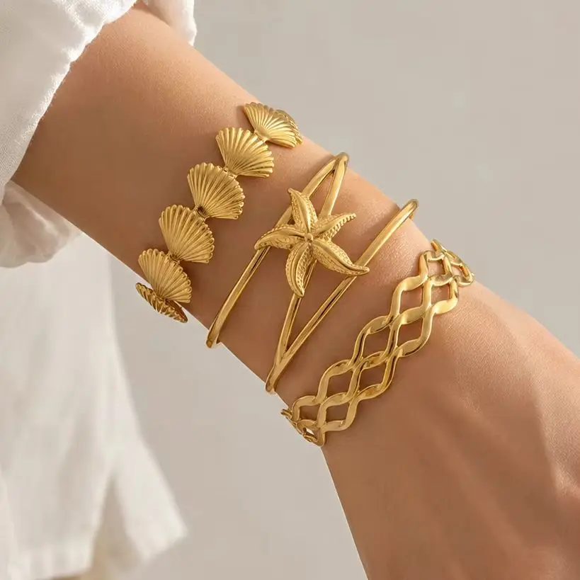 Boho Gold Color Stainless Steel Bracelets for Women, Seashell Starfish Twist Open Cuff Bangles Multiple Styles Beach Jewelry