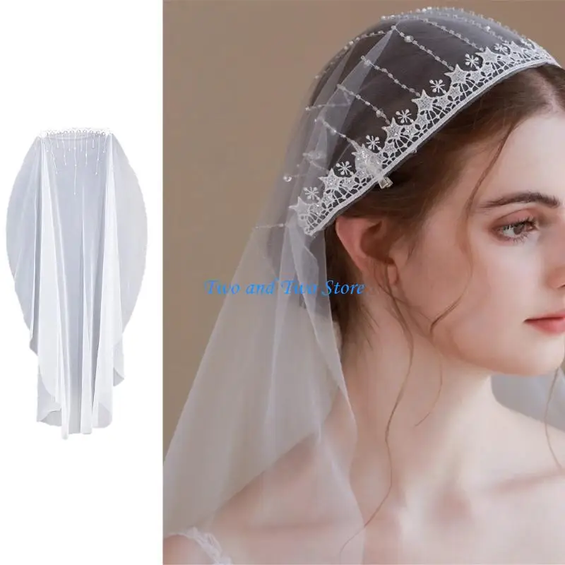HX6F Breathable Chapel Length Wedding Veils For Bride Crystal Embellished Headpiece French Floral Lace