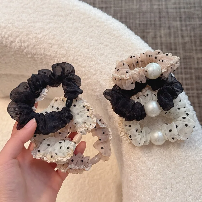 Korean style Elegant Polka Dot Organza Scrunchies with Pearl, Sweet Elastic Hair Ties, Cute Hair Accessories for Women