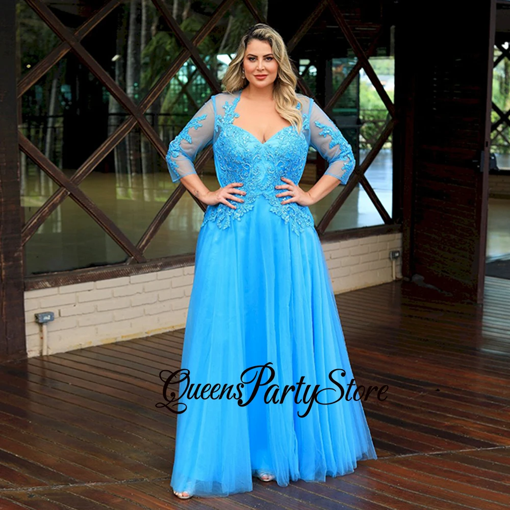 

Light Blue Mother of The Bride Dress 3/4 Sleeves V Neck Sequin Applique A Line Soft Tulle Long Wedding Guest Gown Party Dresses