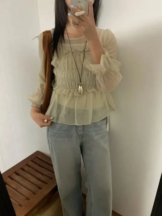 Early Autumn Women's Top Korean Style Sweet Soft Pleated Waist-Cinching Slimming Lace Sleeve Thin Chiffon Shirt