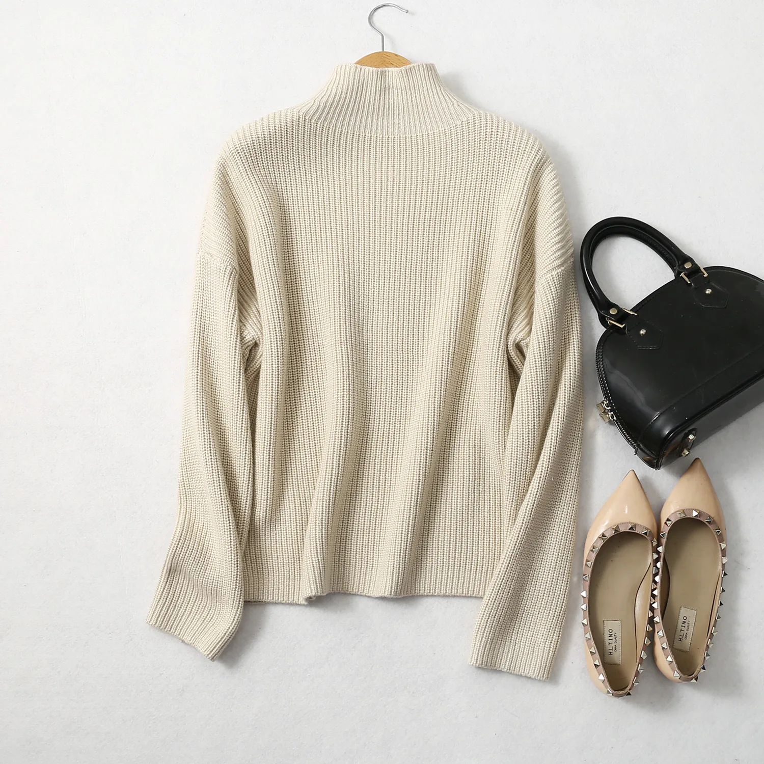 BirdTree 85% Silk 15% Cashmere Sweater, Women Beige Warm Mock Neck, Everyday Long Sleeve Solid Pullover, 2026 Spring T41872QC
