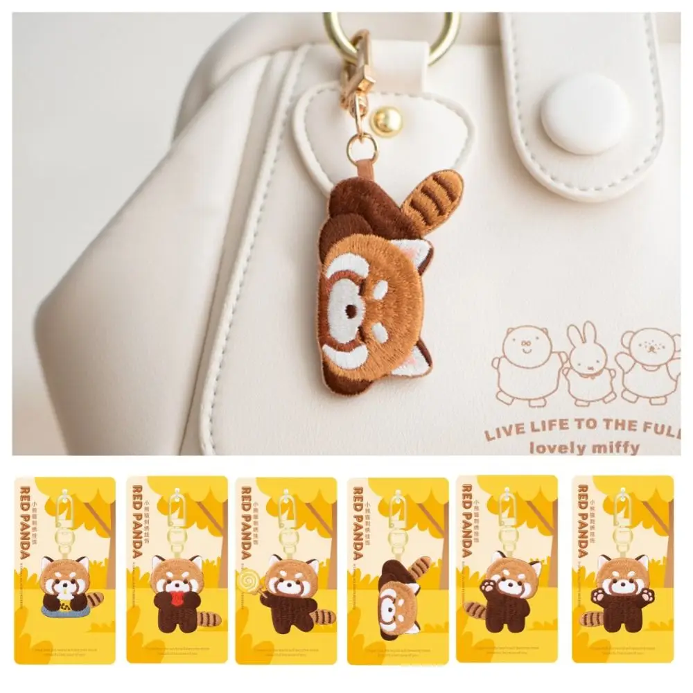 

Cartoon Red Panda Keyrchain Soft Creative Kawaii Animal Pendant Milk Tea Sleep Red Panda Embroidery Pendant Hanging Accessory